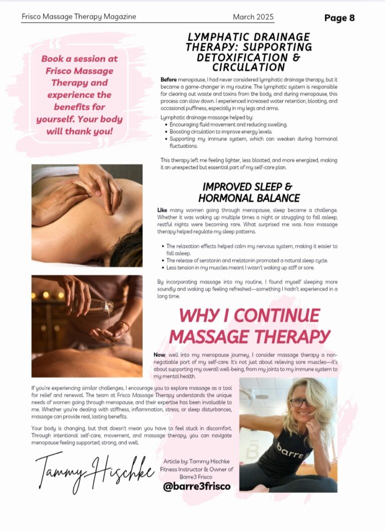 A magazine page discussing lymphatic drainage therapy benefits, improved sleep, and massage experiences, featuring photos of a hand massage and a woman in a barre3 shirt.