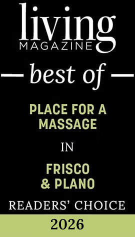 Living Magazine Best of Readers' Choice 2026 award for Place for a Massage in Frisco and Plano, recognizing excellence in Frisco massage therapy and injury recovery massage, displayed on a black background.
