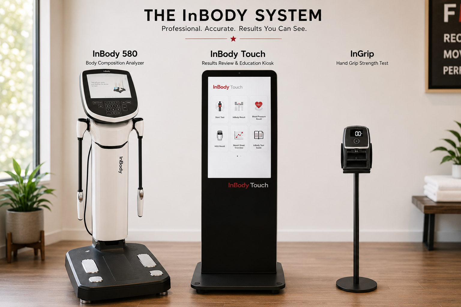 Three InBody health assessment devices are displayed in a modern room: a body composition analyzer providing comprehensive InBody 580 Body Composition Analysis, a digital kiosk, and a hand grip strength tester—ideal tools for tracking progress during post-surgery massage Frisco or injury recovery massage Frisco programs.