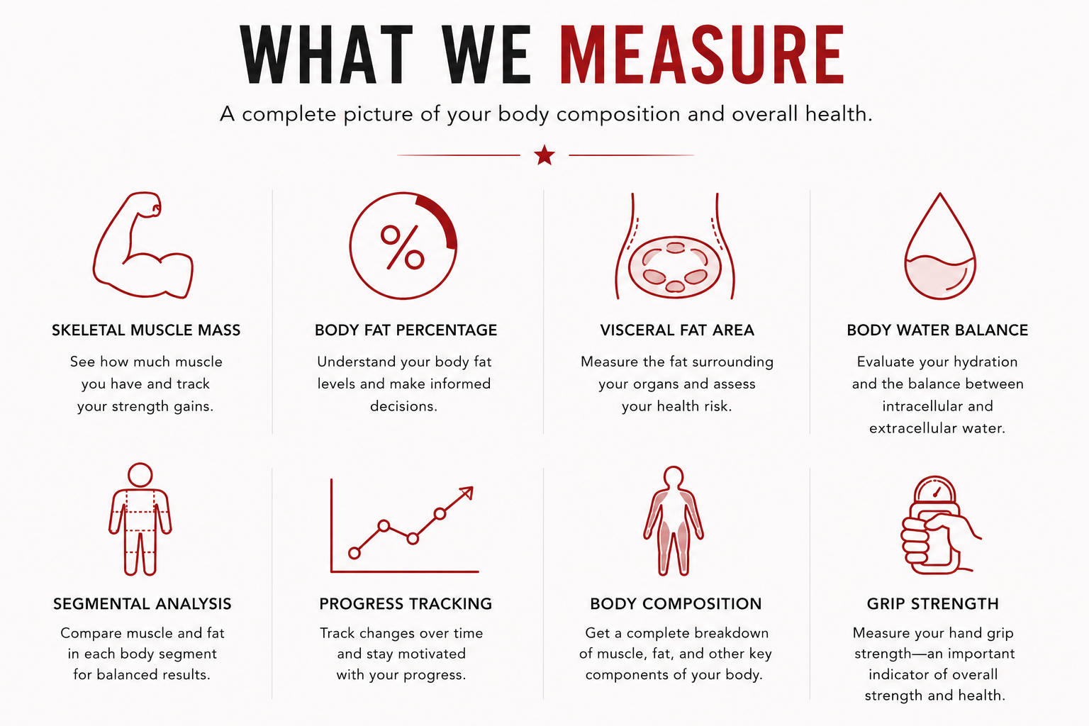 Infographic showing eight components of body composition—including muscle mass, body fat percentage, visceral fat, water balance, segmental analysis, progress tracking, body composition, and grip strength—measured by the advanced InBody 580 Body Composition Analysis. This information is essential for those interested in Injury Recovery Massage or post-surgery massage Frisco services to track and optimize their recovery process.