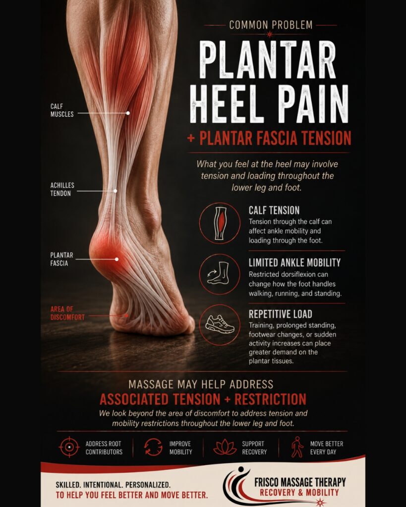 Diagram of a foot highlighting the plantar fascia and heel, explaining causes and effects of plantar fasciitis and promoting massage therapy as an effective solution for plantar heel pain.