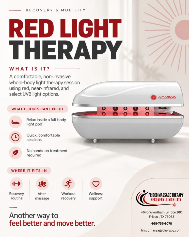 A Red Light Therapy capsule sits open in a clinic setting, with informational text describing Red Light Therapy benefits and clinic contact details.