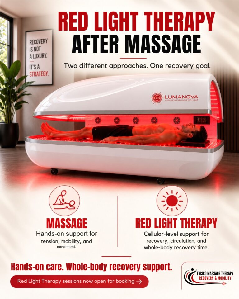 A person lies in a red light therapy bed. Text explains the benefits of massage and Red Light Therapy for recovery, mobility, and whole-body support at Frisco Massage Therapy.