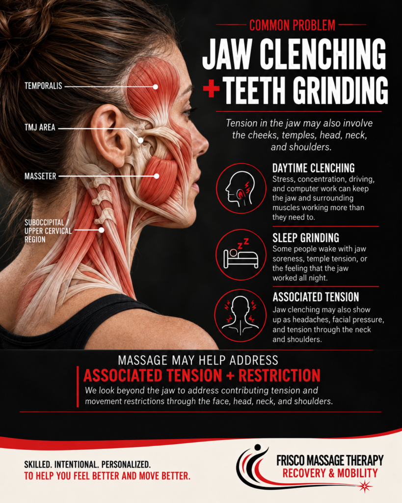 Diagram of jaw muscles highlights effects of jaw clenching and teeth grinding, with tips on TMJ therapy for neck and shoulder pain, including massage techniques to relieve tension and restriction in the head, neck, and shoulders.