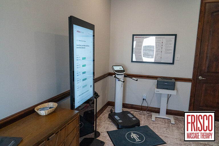 A small medical office corner features a digital scale—specifically an InBody 580 body composition analysis system—alongside a touchscreen display, a printer, and a framed chart on the wall. The “Frisco Massage Therapy” logo is in the bottom right corner.