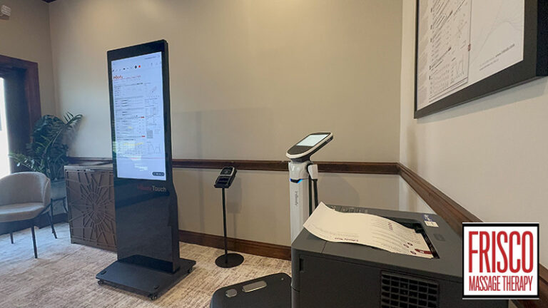 InBody body composition analysis station with a digital touchscreen kiosk, a standing sensor unit, and a printer used to track body composition while on GLP-1 medication.
