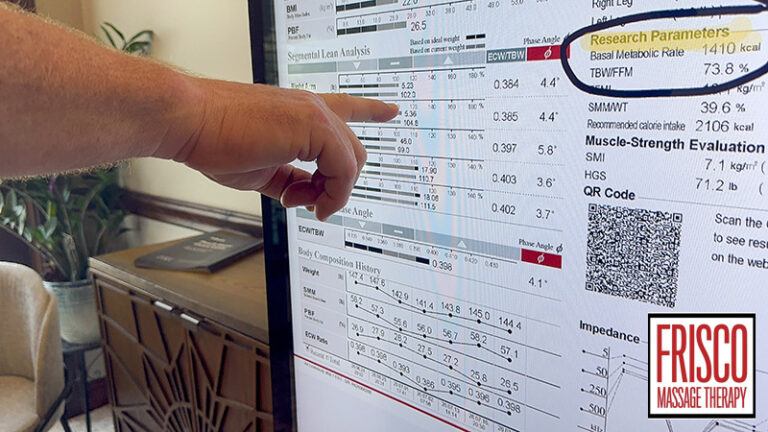 A finger points to a body composition analysis report on a monitor, highlighting the research parameters and basal metabolic rate.